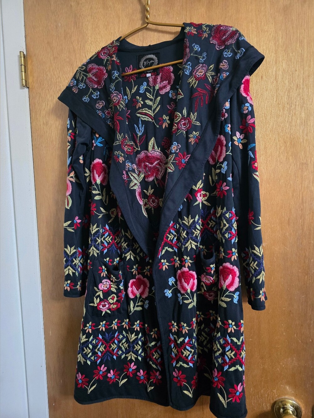 Johnny Was Rose Embroidered Long Cardigan, hooded sz Sm/Med, HTF Design